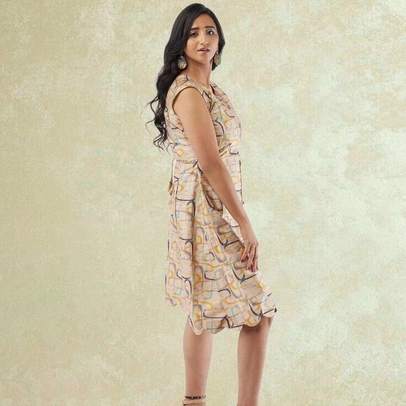 Cream Geometric Print Raw Silk Dress | Muvvas Boutique - Picture 1 of 4